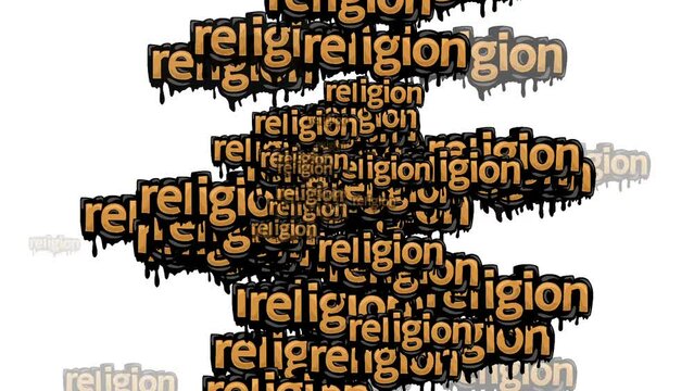 animated video scattered with the words RELIGION on a white background