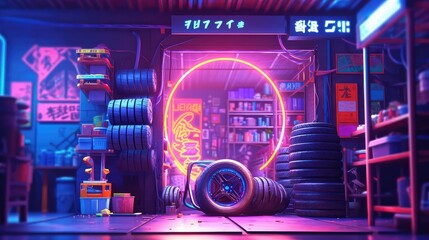 Chinese tire repair shop in the metaverse virtual reality world at night with neon light 