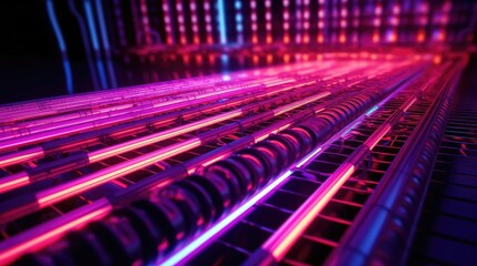 Fototapeta premium Automatic conveyor line for production facilities with ultraviolet quality check, creative concept of industrial production facilities, manufacturing plants equipment for continuous automated product 