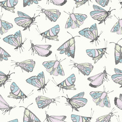 Seamless pattern with fantasy moths, butterflies in pencil drawing sketch. Happy summer illustration. Wallpaper, textile, backgound for kids