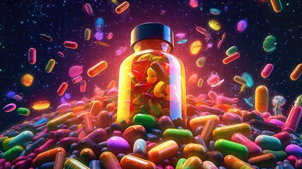 bottle of multi-vitamin supplements and capsules Chewable gummies and colorful vitamin tablets floating around the vitamin bottles, perfect for multivitamin advertisement campaigns and packaging - obrazy, fototapety, plakaty