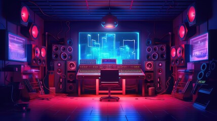 Modern audio recording studio with equipment and recording both, mixing machine, audio monitors, and studio setup, Neon color of the audio recording studio and interior  - obrazy, fototapety, plakaty