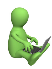 3d puppet, sitting with a notebook. Object over white