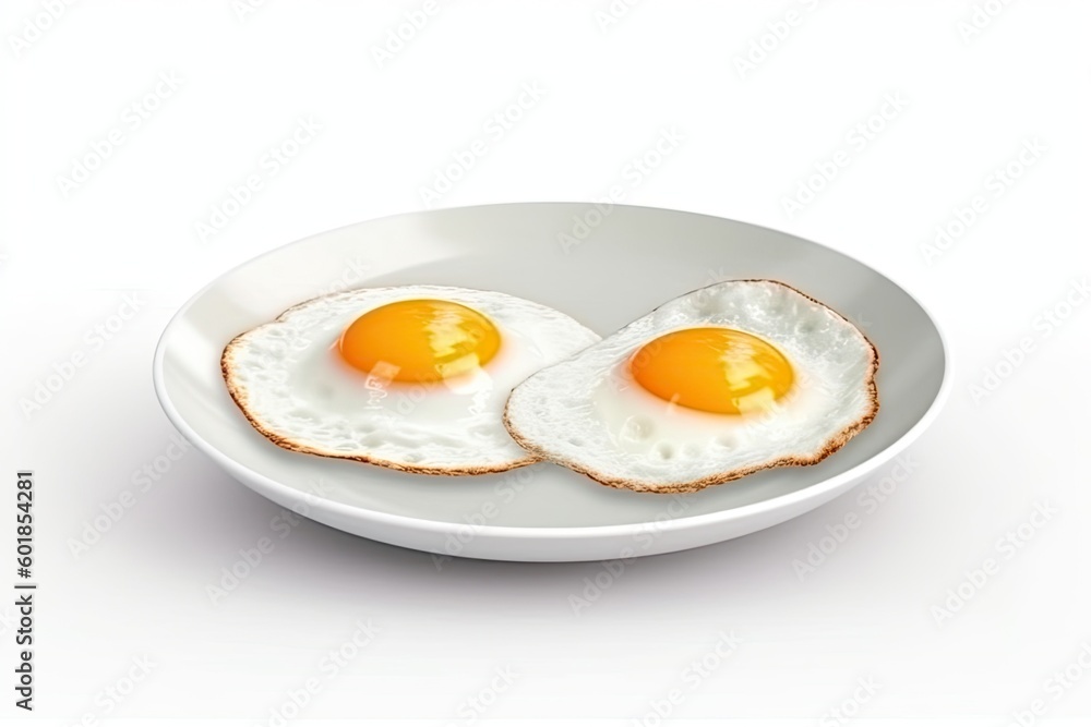 Poster two sunny-side-up fried eggs in a white bowl on a plain white background generative ai