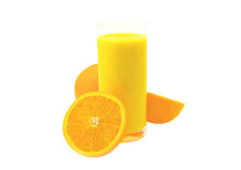 Glass of orange juice and oranges on a white background