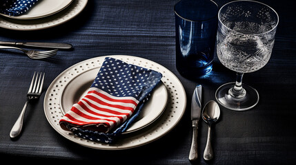 Patriotic American Holiday Themed Dinner Plate Setting and Tablescape- Flag Red, White, and Blue - Veterans Day, Memorial Day, and Fourth of July Concept - Generative AI