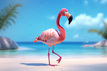 Fototapeta na wymiar Cute Cartoon Flamingo in a Tropical Scene (Generative AI)