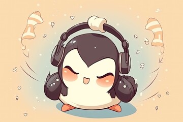 cool penguin enjoying music with headphones Generative AI