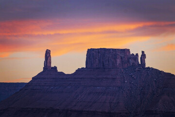 Sunset over Castleton Tower in Castle Valley, Utah.