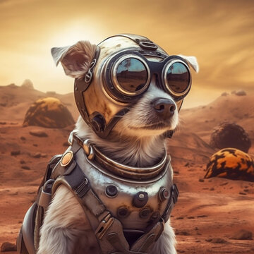 Astronaut Dog in Mars Desert in Goggles and Pilot Suit