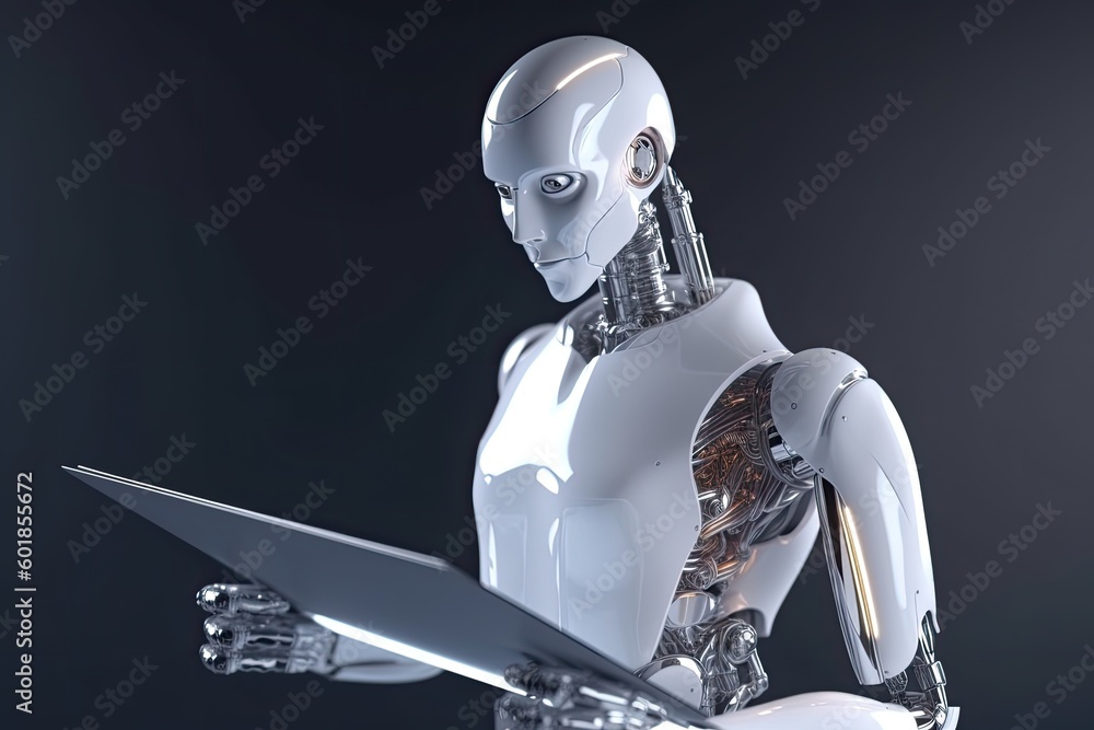 Poster modern humanoid robot holding a laptop computer generative ai