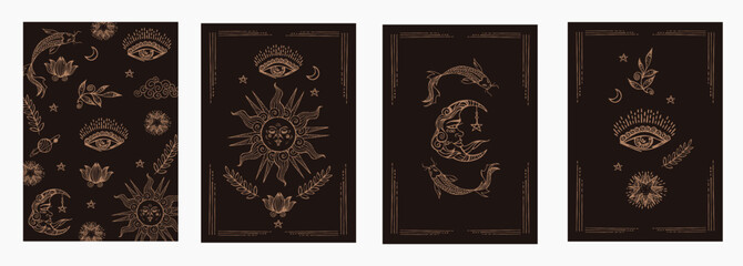 Set of mystical templates for tarot cards, banners, flyers, posters, brochures, stickers. Hand-drawn. Cards with esoteric symbols. Silhouettes of the sun, moon, fish, stars. Vector illustration - 601855625