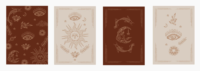 Set of mystical templates for tarot cards, banners, flyers, posters,  cover.Brochures, stickers. Hand-drawn. Cards with esoteric symbols. Silhouettes of the sun, moon, fish, stars. Vector illustration - 601855636