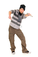 Handsome male hip hop youngster with headphones, studio shot