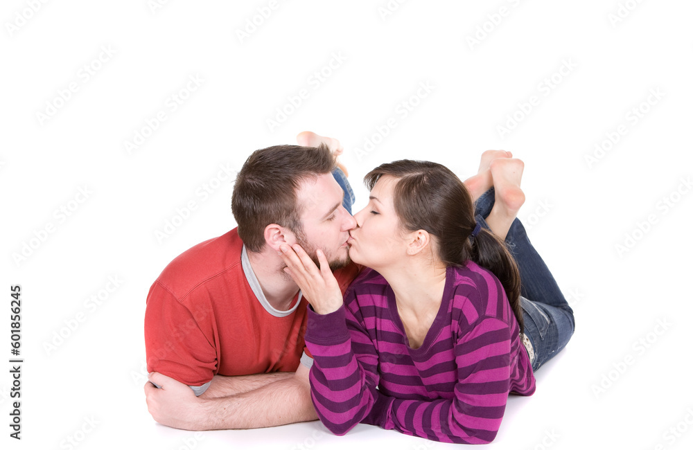 Sticker young loving couple together on white background