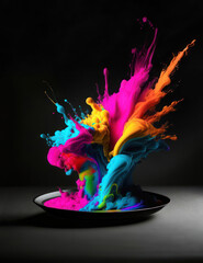 A black plate is sitting on the table, emitting multicolored splashes and smoke, evoking a sense of taste explosion, created using generative AI tools