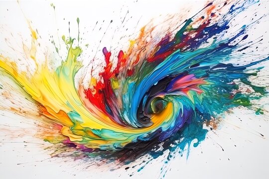 Colorful bright paint swirls with splashes and empty white space. Liquid vivid flow with twists, curved dynamic lines for creative background. Fluid vortex made of acrylic or alcohol ink.