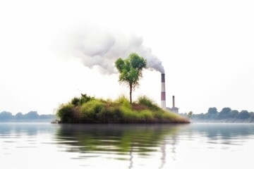 factory on a small island emitting smoke from its smokestack Generative AI