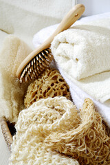 spa and towels with    comb and bath    sponge