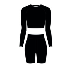 Naklejka premium Vector illustration of a fashionable women's slim tracksuit. Short cycling shorts template in black color, vector. Long sleeve crop top template in black color, vector.