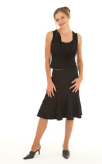 Adult caucasian brunette woman with red lips and long brown hair on a white background. Not Isolated