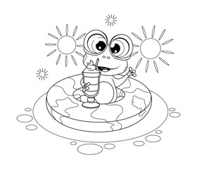 Coloring page. Cheerful frog on vacation with a swimming ring and a cocktail