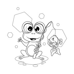 Coloring page. Cheerful cartoon frog with a fishing rod and a fish