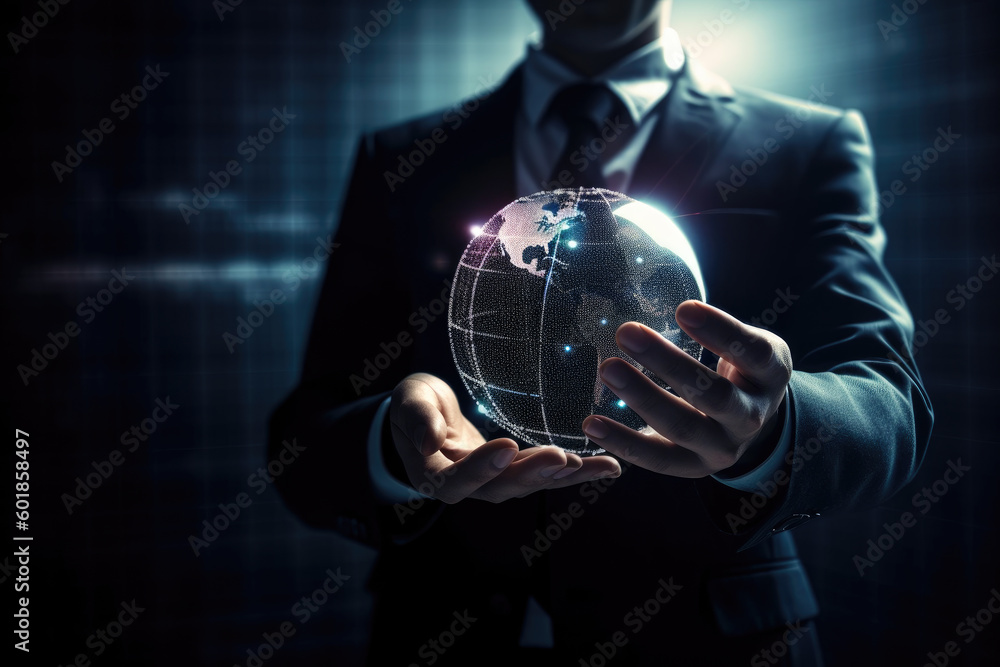 Poster close up of office man hands holding smartphone with glowing polygonal globe. concept of communicati