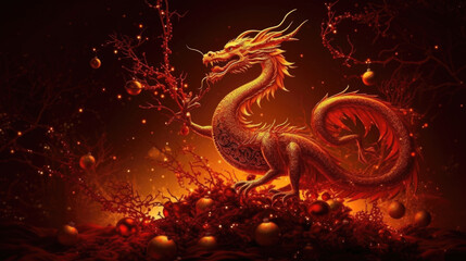 Big red dragon surrounded by Christmas lights. Christmas and new year holliday card. Generative ai