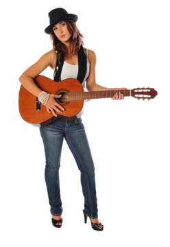 attractive woman with a guitar on white