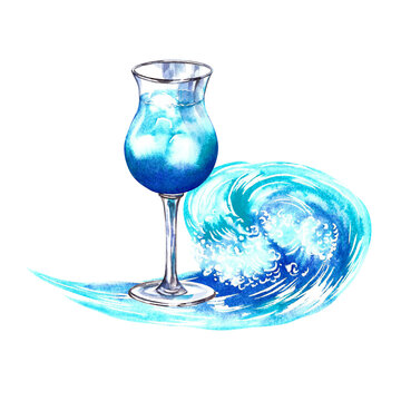 Blue Lagoon Cocktail. Composition depicting a blue drink and a sea wave. Watercolor hand drawn illustration. For the design of menus, flyers, banners, postcards. For invitations, posters, labels.