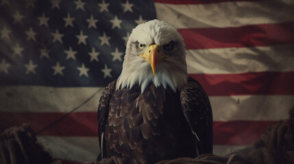 Naklejka premium American Eagle Close Up with USA Flag in the Background - Patriotic Theme for Veterans Day, Memorial Day, Fourth of July - Generative AI