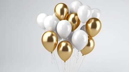 white and gold balloons. Isolated on grey background. Front view. Generative AI