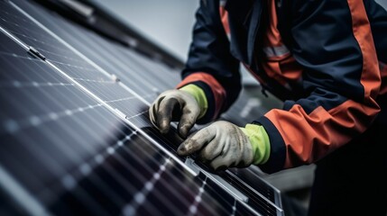 Close up of man technician in work gloves installing stand alone solar panel system. Concept of alternative energy and power sustainable resources. Generative AI