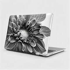 White laptop with grey sunflower image on white background. Generative AI.