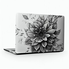 White laptop with grey sunflower image on white background. Generative AI.