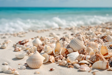 Fototapeta na wymiar Closeup photo of seashells on a seashore. Generative AI