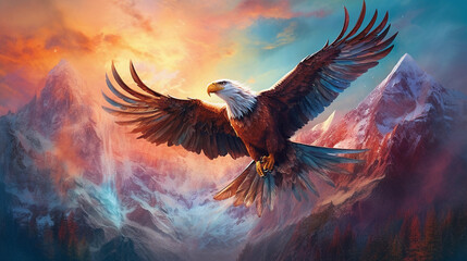 Fototapeta na wymiar A majestic eagle soaring over a breathtaking mountain range, with a rainbow in the background adding a magical touch to the scene, Generative AI