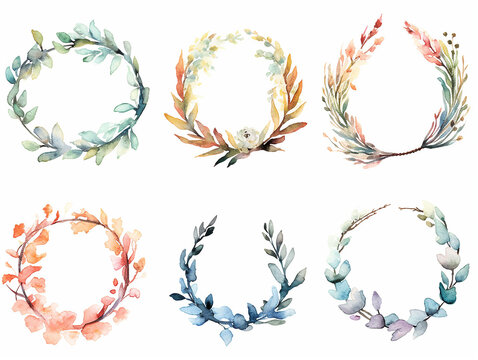 illustrazione di set di ghirlande floreali  in stile acquerello , colori pastello su sfondo bianco scontornabile ideale per inviti per matrimoni, creata con intelligenza artificiale
