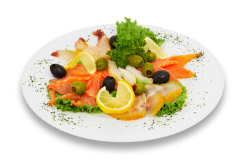 assortted fish slices, decorated with lemons, leaves of lettuce and parsley