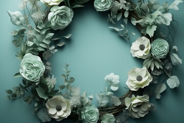 Simple wreath in pastel green with blue and white flowers, perfect for cards or wedding invites. Generative AI