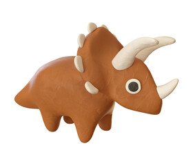 plasticine dinosaur isolated on white background. cute brown triceratops. 3d rendering illustration