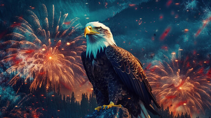 American Eagle Perched on a Mountaintop with Patriotic Fireworks Bursting in the Distance - Fourth of July, USA, Veterans Day, Memorial Day Theme - Generative AI
