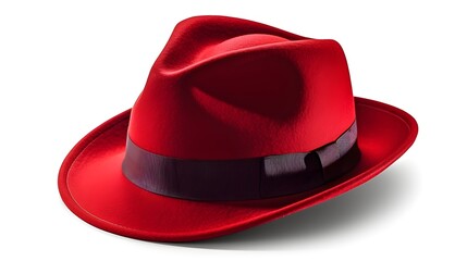 Red fashionable stylish fedora hat studio shot on isolated on white background. Generative AI technology. - obrazy, fototapety, plakaty