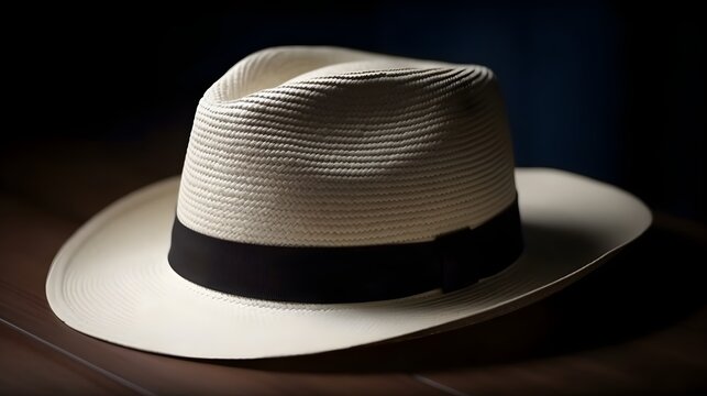 White fashionable stylish fedora hat studio shot on dark background. Generative AI technology.