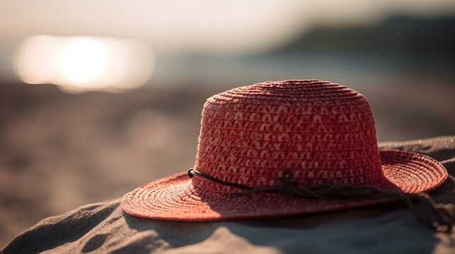 Red fashionable stylish panama hat for traveling beach bokeh background. Generative AI technology.