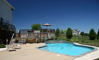 Backyard Pool in summer with surrounding multi-level deck