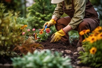 Naklejka premium Man in a gloves planting flowers