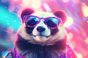 Panda in pink sunglasses on blur background, Generative AI