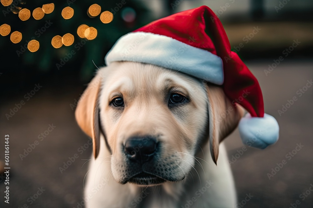 Poster festive dog wearing a Santa hat with a Christmas tree in the background Generative AI